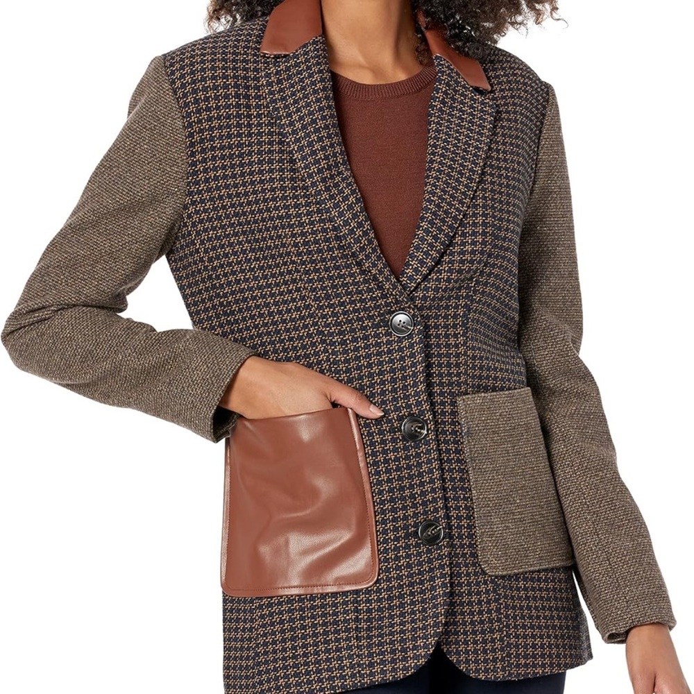 Steve Madden Kelly Plaid Academia Style Faux Leather Trim Blazer Jacket